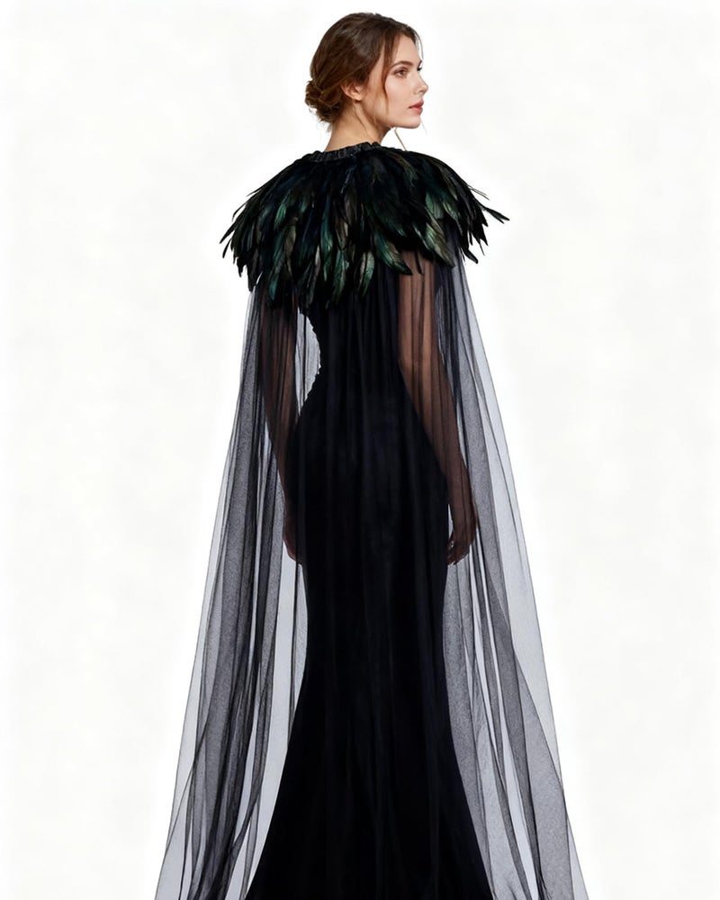 L'VOW Women Black Feather Cloak Gothic Feather Collar Tulle Cape Vampire Cloak Witches Cape Cosplay Costume - Image 2