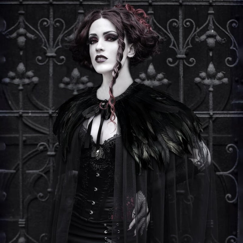 L'VOW Women Black Feather Cloak Gothic Feather Collar Tulle Cape Vampire Cloak Witches Cape Cosplay Costume - Image 5