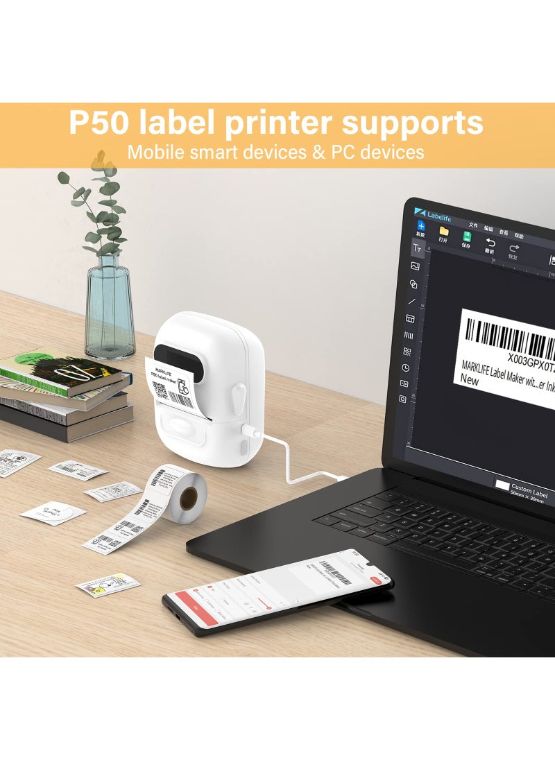Marklife - Label Maker Machine with Tape Barcode Label Printer Mini Portable Bluetooth Thermal Labeler for Address Clothing Jewelry Retail Barcode Small (White  1 Roll Label) - Image 1