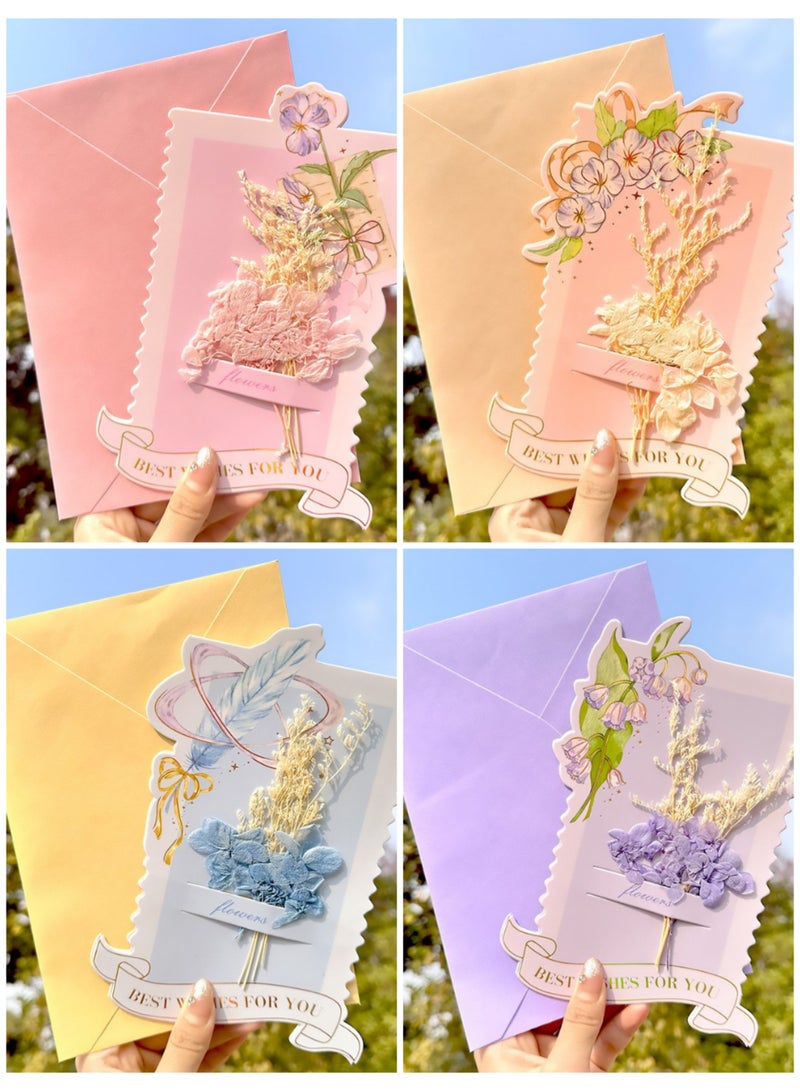 Generic 4PCS Exquisite Message Cards with Artificial Dried Flowers and Envelopes – Elegant Multi-Color Greeting Cards for Weddings, Birthdays & Special Occasions  - Image 1