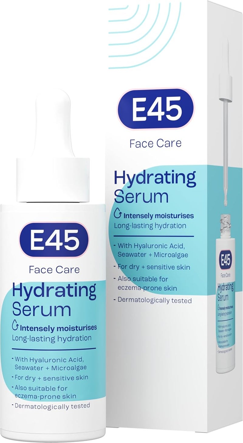 E45 Face Hydrating Serum Instant 48Hour Hyaluronic Acid Formula for Dry Sensitive Eczema Prone Skin Rehydrating Reinvigorating Serum Perfume Free Dermatologically Tested 30ml