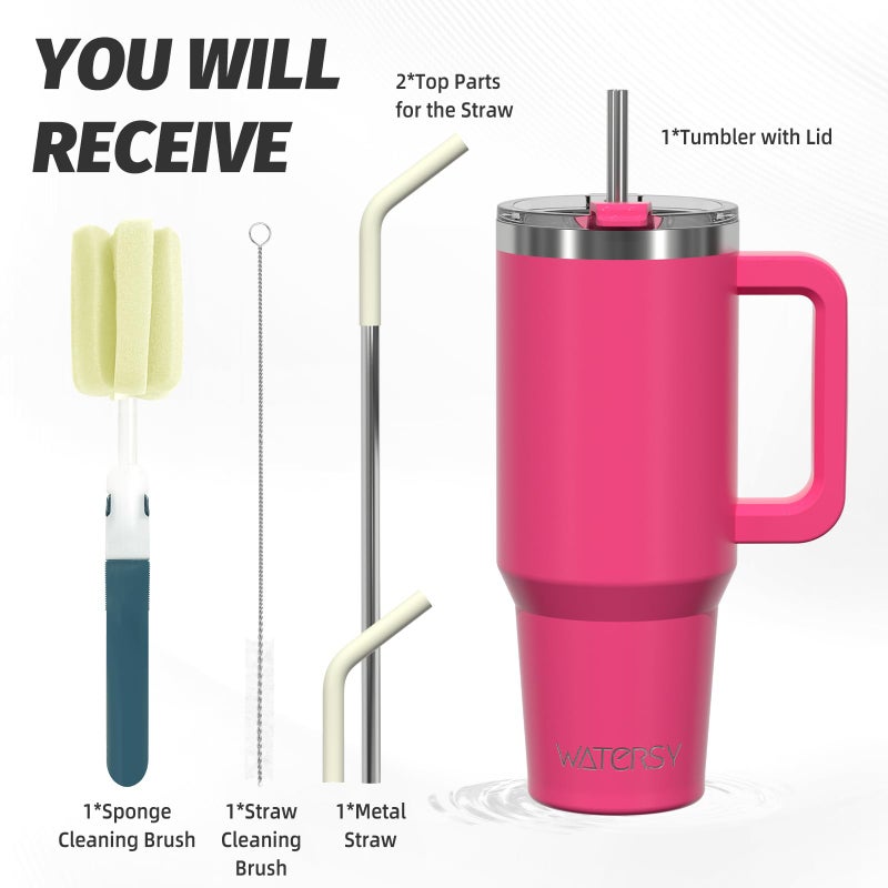WATERSY 40 oz Tumbler with Handle,Tumbler with Lid and Straw,Double Wall Insulated Cup Stainless Steel Travel Mug(Cold for 34 Hours),Water Bottle for Iced Tea,Coffee,Cold Beverages(Gloss Pink) - Image 3