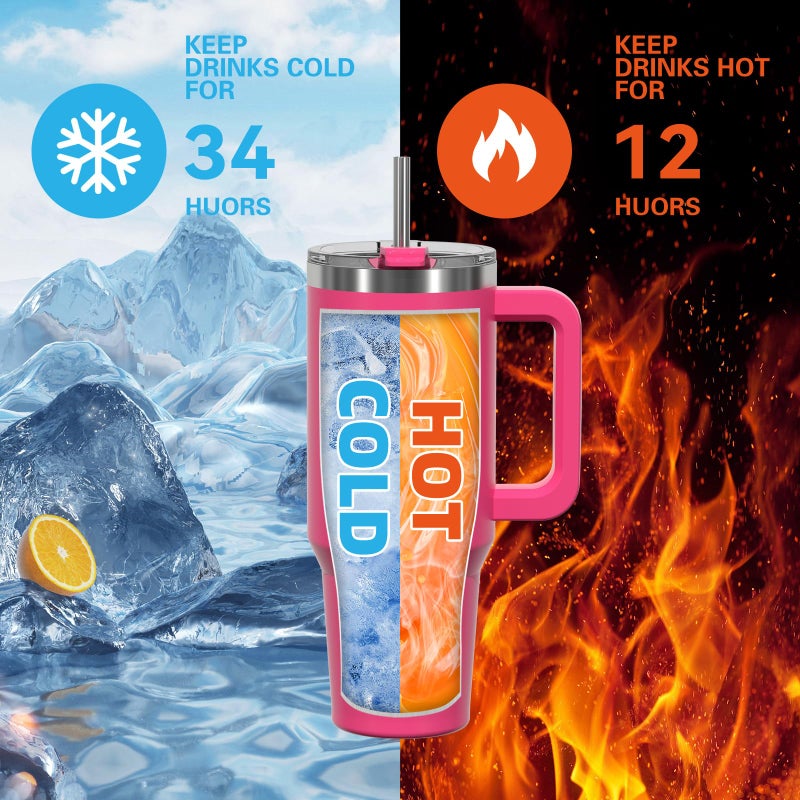 WATERSY 40 oz Tumbler with Handle,Tumbler with Lid and Straw,Double Wall Insulated Cup Stainless Steel Travel Mug(Cold for 34 Hours),Water Bottle for Iced Tea,Coffee,Cold Beverages(Gloss Pink) - Image 2