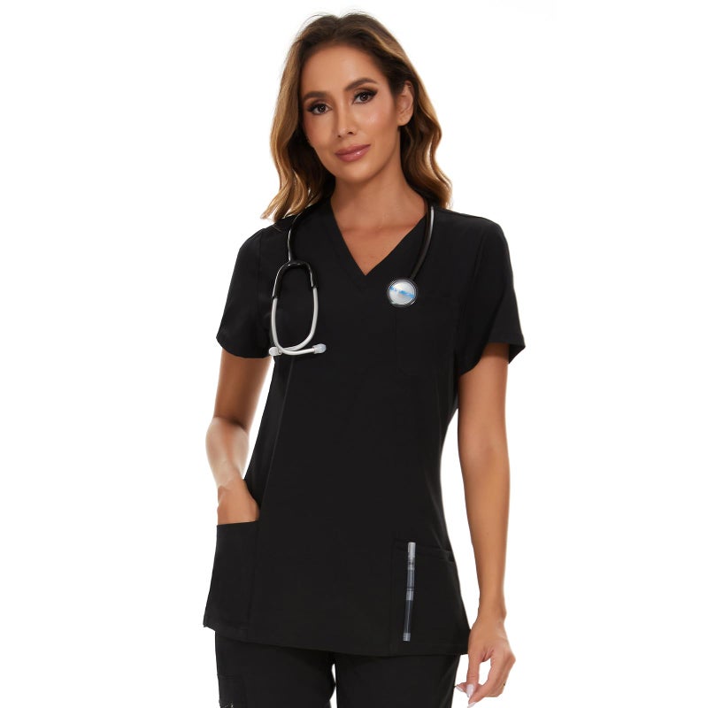 COZYFIT Scrub Tops for Woman - Soft Stretch, V-Neck Top Scrubs with 3 Pockets, Easy Care for Women Black - Image 1