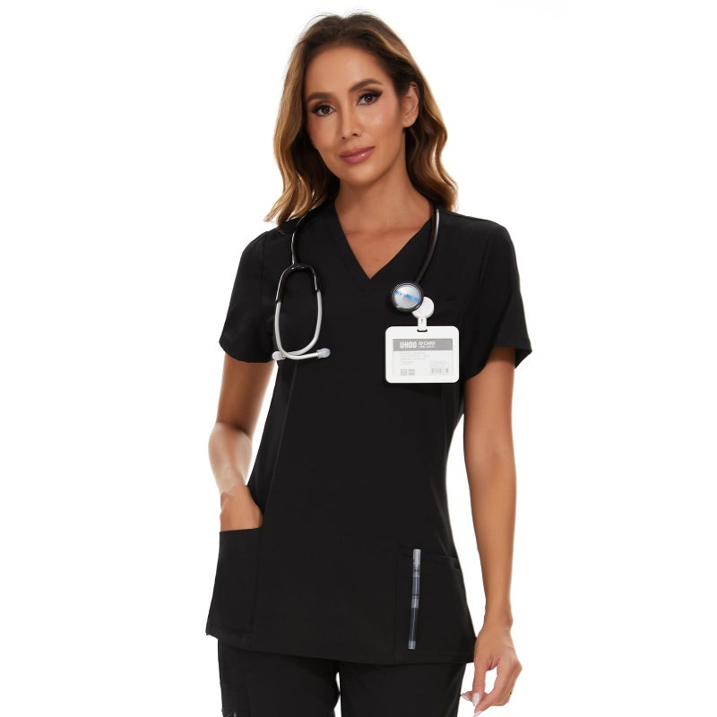 COZYFIT Scrub Tops for Woman - Soft Stretch, V-Neck Top Scrubs with 3 Pockets, Easy Care for Women Black - Image 2