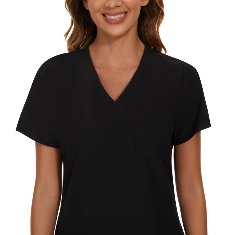 COZYFIT Scrub Tops for Woman - Soft Stretch, V-Neck Top Scrubs with 3 Pockets, Easy Care for Women Black - Image 4