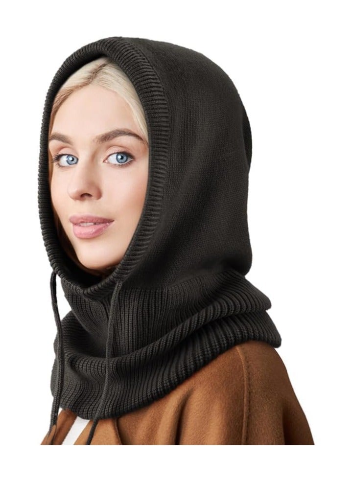 Winter Hats Hooded Scarf Hat for Women Warm Unisex Balaclava Pullover Knitted Beanie with Drawstring Outdoor Sports Mask - Image 1
