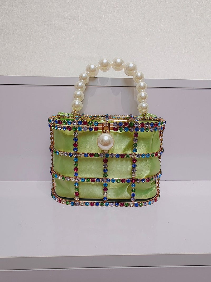 Women'S Gold Handbag With Embellished Pearl Portable Color Crystal Small Size Women'S Portable Banquet Bird Cage Bag - Image 1