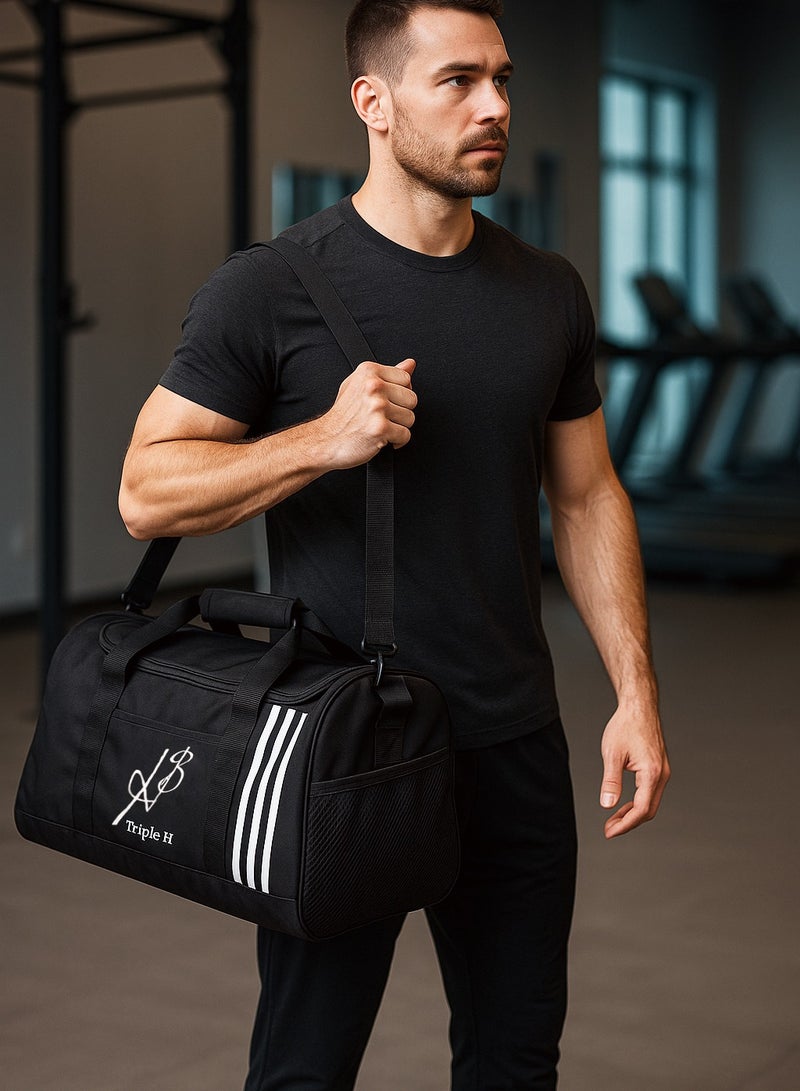 تربل اتش Triple H Multipurpose Black Gym Duffle Bag – Lightweight Sports Bag with Front Pocket, Side Mesh- Travel bag, Gym bag, and Daily Use bag - Image 4