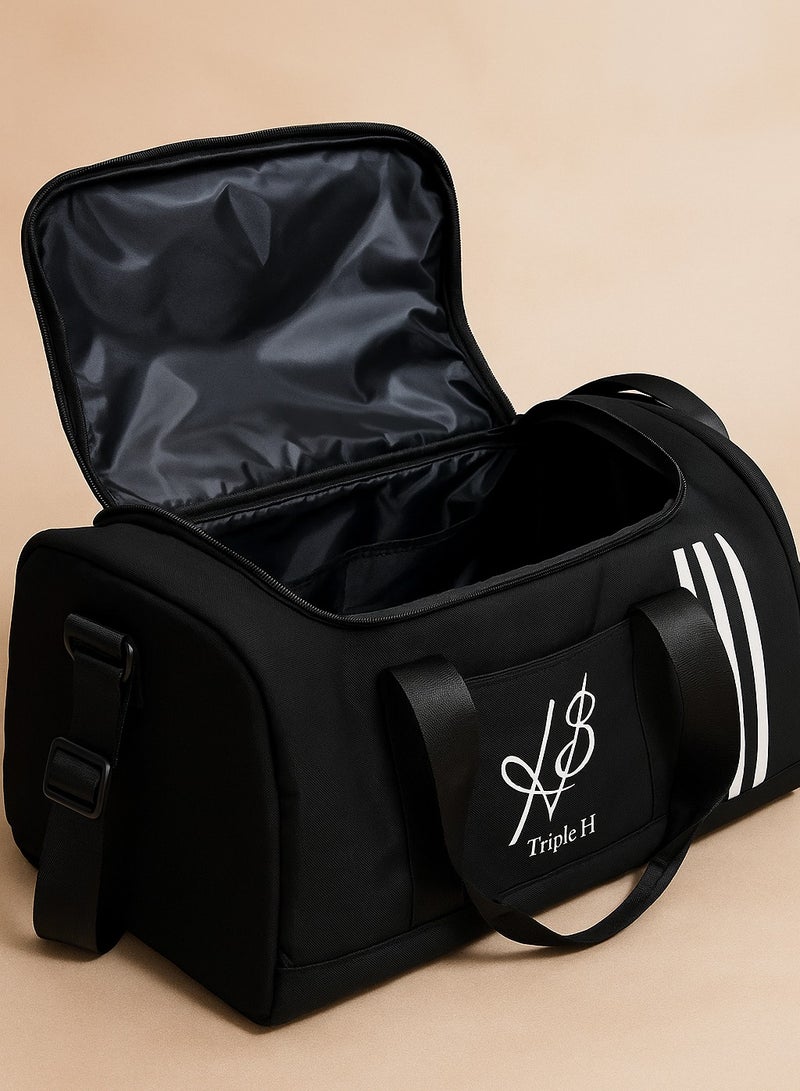 تربل اتش Triple H Multipurpose Black Gym Duffle Bag – Lightweight Sports Bag with Front Pocket, Side Mesh- Travel bag, Gym bag, and Daily Use bag - Image 2