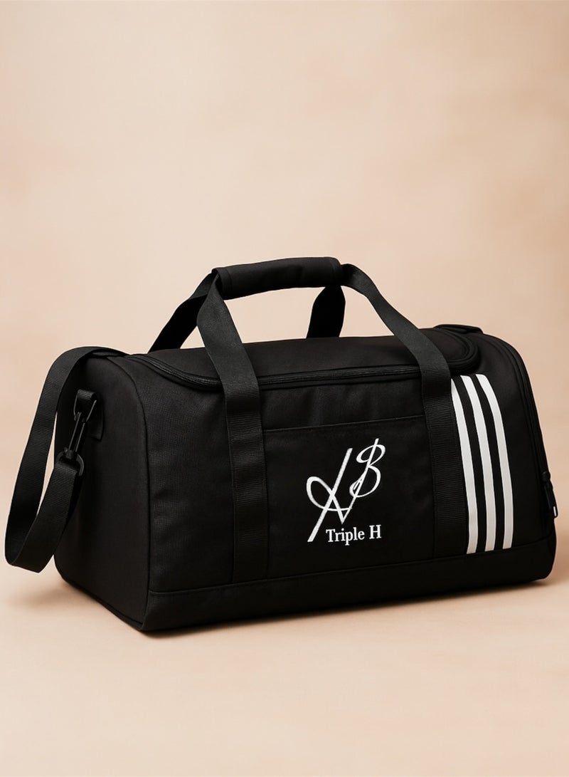 تربل اتش Triple H Multipurpose Black Gym Duffle Bag – Lightweight Sports Bag with Front Pocket, Side Mesh- Travel bag, Gym bag, and Daily Use bag - Image 1