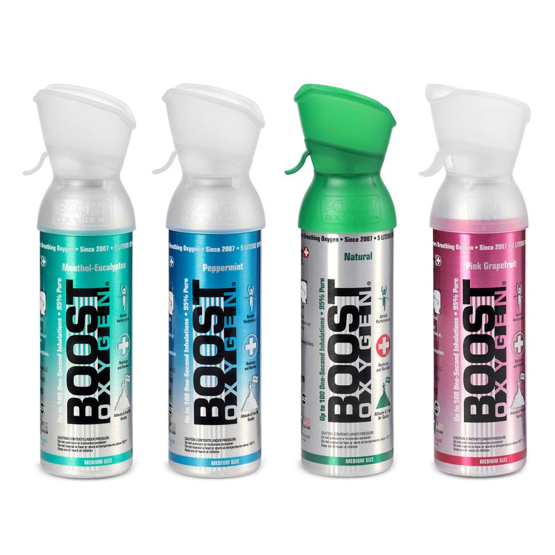 Boost Oxygen Canned Oxygen for Breathing for Home Use  Exercise  or Altitude Sickness  Includes Sealed Cap & Mask  5L Canister  Multicolor  Pack of 4 - Image 1