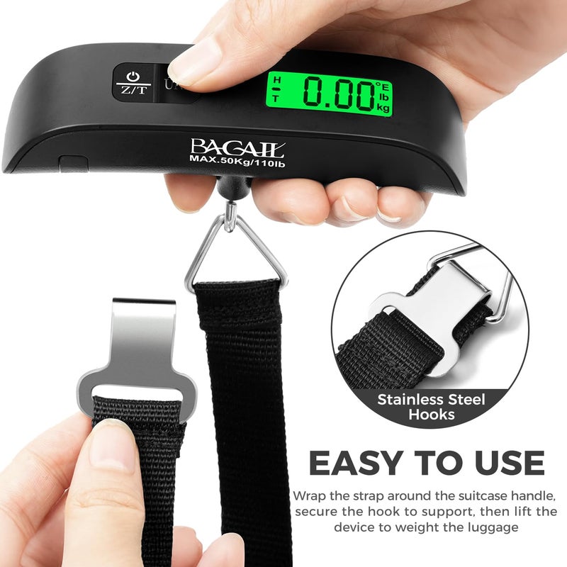 BAGAIL Digital Luggage Scale, 110lbs Hanging Baggage Scale with Backlit LCD Display,Portable Suitcase Weighing Scale,Travel Luggage Weight Scale with Hook,Strong Straps for Travelers(Black with Temp) - Image 4