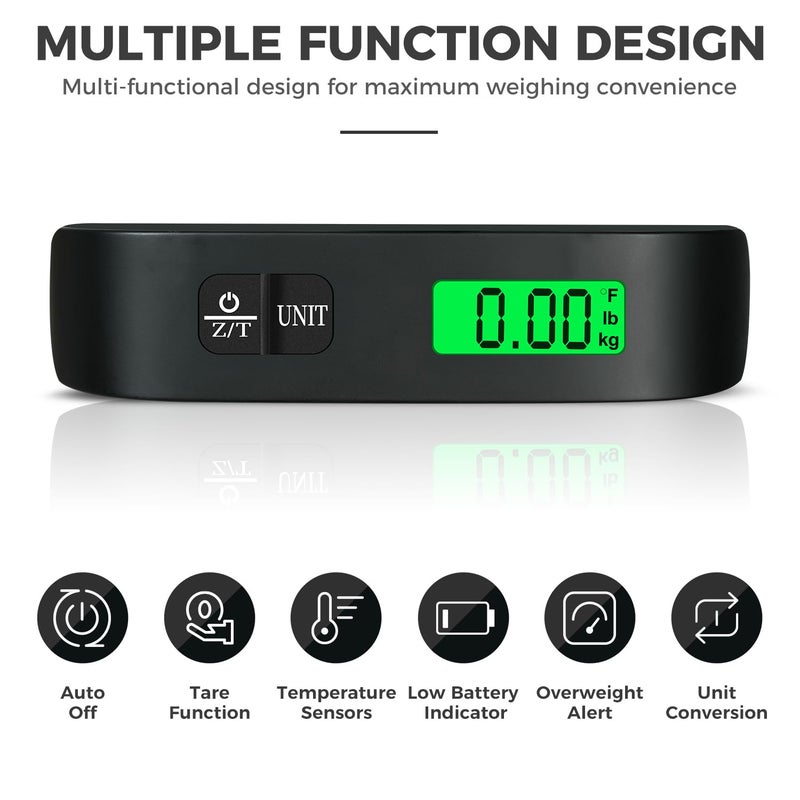 BAGAIL Digital Luggage Scale, 110lbs Hanging Baggage Scale with Backlit LCD Display,Portable Suitcase Weighing Scale,Travel Luggage Weight Scale with Hook,Strong Straps for Travelers(Black with Temp) - Image 3