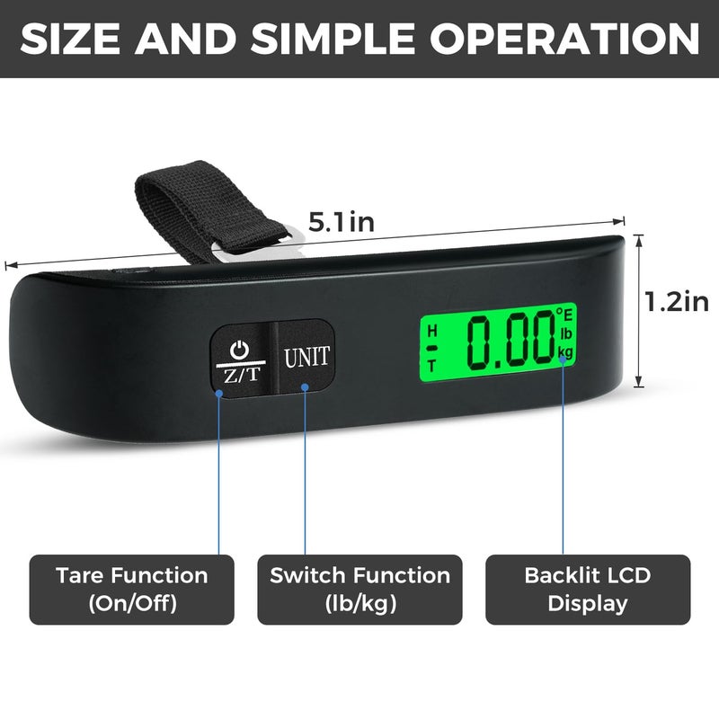 BAGAIL Digital Luggage Scale, 110lbs Hanging Baggage Scale with Backlit LCD Display,Portable Suitcase Weighing Scale,Travel Luggage Weight Scale with Hook,Strong Straps for Travelers(Black with Temp) - Image 2