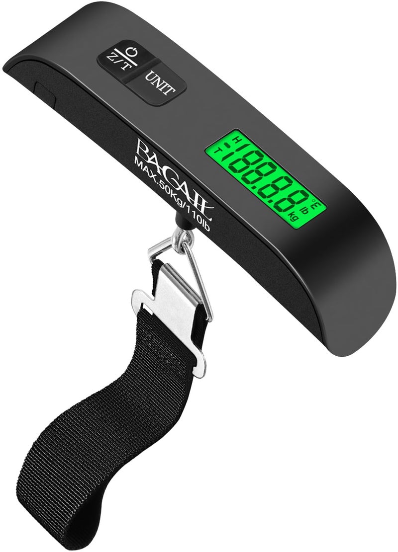 BAGAIL Digital Luggage Scale, 110lbs Hanging Baggage Scale with Backlit LCD Display,Portable Suitcase Weighing Scale,Travel Luggage Weight Scale with Hook,Strong Straps for Travelers(Black with Temp) - Image 1