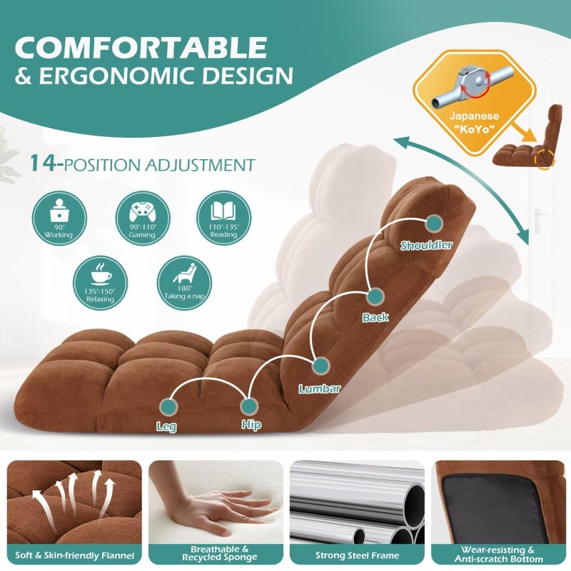 Avocahom Folding Floor Gaming Chair 14-Poistion Cushioned Adjustable Floor Lazy Sofa Chair w/Breathable Cotton & Skin-Friendly Flannel for Adults & Kids Perfect for Reading Gaming Meditating, Brown - Image 4