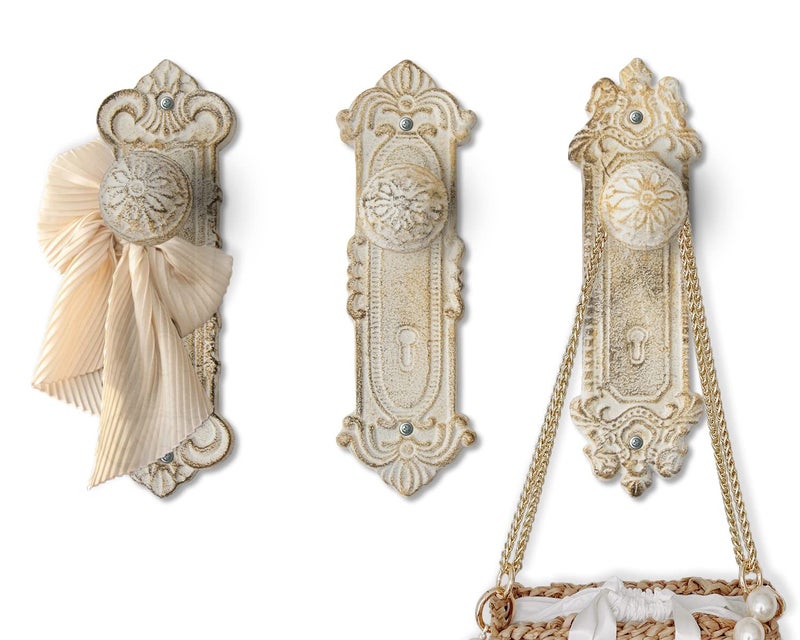 Shabby Chic Cast Iron Decorative Wall Mounted Hooks  Rustic White  Door Knob Coat Hooks  Set of 3  Screws and Anchors Included  Antique Wall Hooks for Hanging Clothes