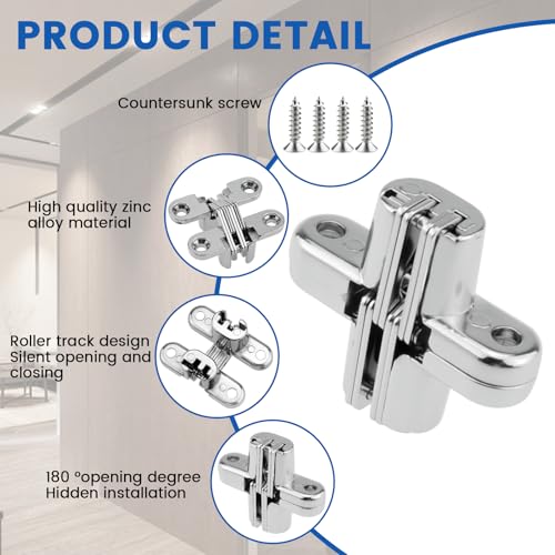 MILYARD 1-3/4" Hidden Hinges for Cabinet Doors – 180 Degree Invisible Cross Swing Hinges with Screws, Zinc Alloy Concealed Frameless Cabinet Hardware for Folding Door, Cupboard & Wooden Box (6Pcs) - Image 3
