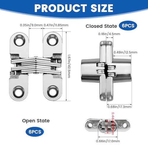 MILYARD 1-3/4" Hidden Hinges for Cabinet Doors – 180 Degree Invisible Cross Swing Hinges with Screws, Zinc Alloy Concealed Frameless Cabinet Hardware for Folding Door, Cupboard & Wooden Box (6Pcs) - Image 2