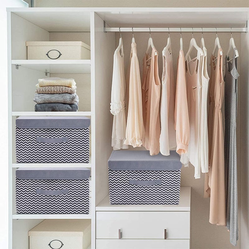 SKAIV SKAIV 3 Pack Collapsible Stackable Storage Bins with Lids Foldable Fabric Linen Storage Boxes Cube Closet Organizer Baskets with Handle for Home Bedroom Grey Wave - Image 3