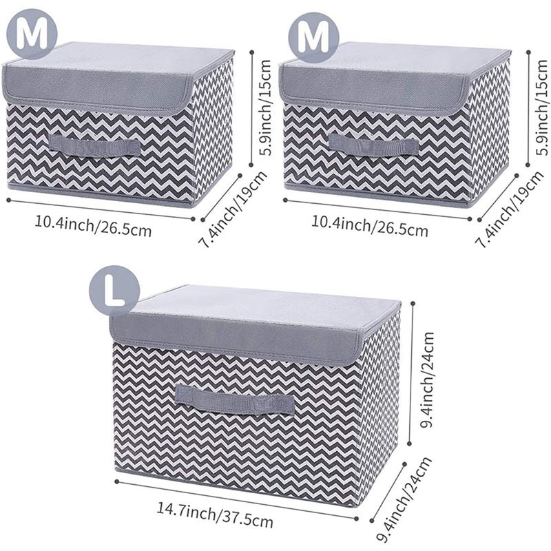 SKAIV SKAIV 3 Pack Collapsible Stackable Storage Bins with Lids Foldable Fabric Linen Storage Boxes Cube Closet Organizer Baskets with Handle for Home Bedroom Grey Wave - Image 4