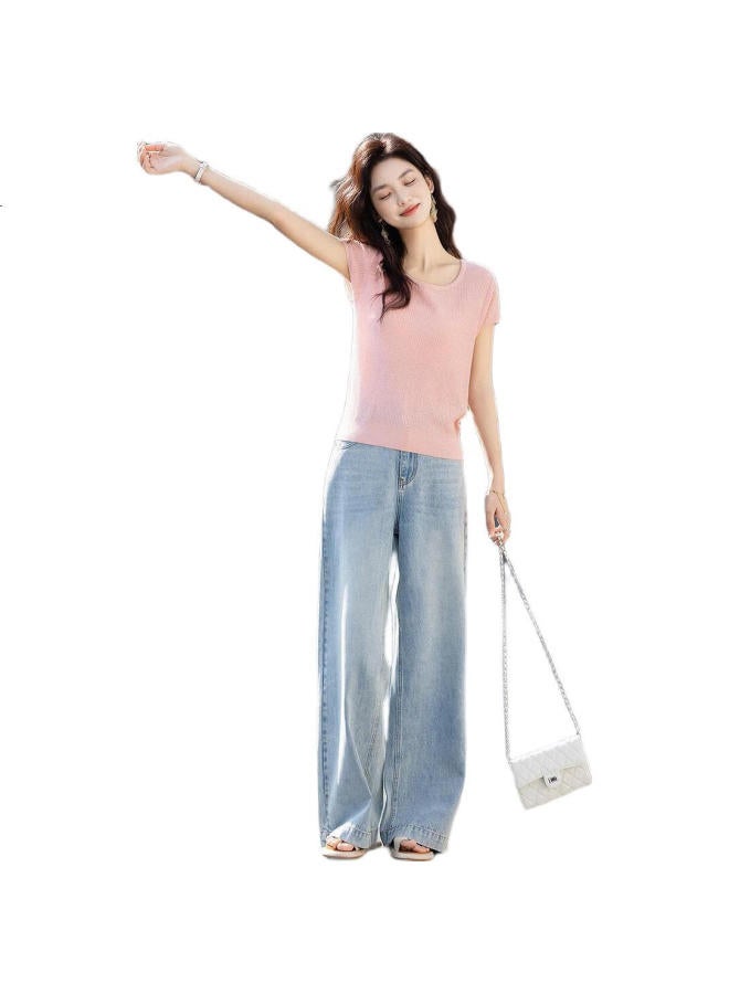 dme Natural Linen】Summer Temperament Large Round Neck Short-Sleeved Knit Loose Small Size Knitted Sweater Women'S Top - Image 1
