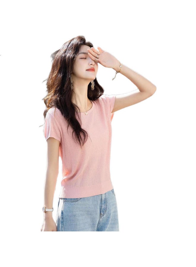 dme Natural Linen】Summer Temperament Large Round Neck Short-Sleeved Knit Loose Small Size Knitted Sweater Women'S Top - Image 3