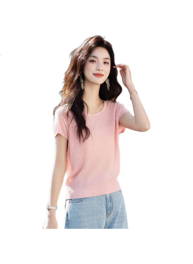 dme Natural Linen】Summer Temperament Large Round Neck Short-Sleeved Knit Loose Small Size Knitted Sweater Women'S Top - Image 2