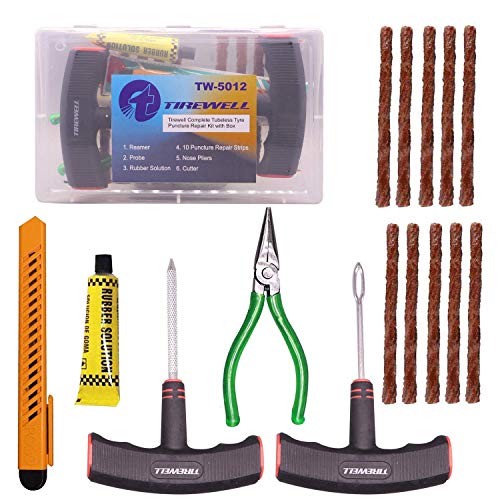 TIREWELL TW-5012 6-in-1 Universal Tubeless Tire Puncture Repair Kit with Storage Box Emergency Flat Tire Repair Patch Tool Box for Car Bike SUV & Motorcycle - Image 1