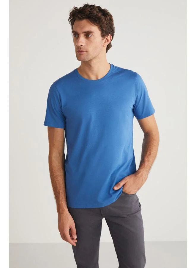 Grimelange Mıchel Men's Slim Fit Narrow Cut 100% Organic Cotton Side-stitched Basic Knit Blue T‑shirt.