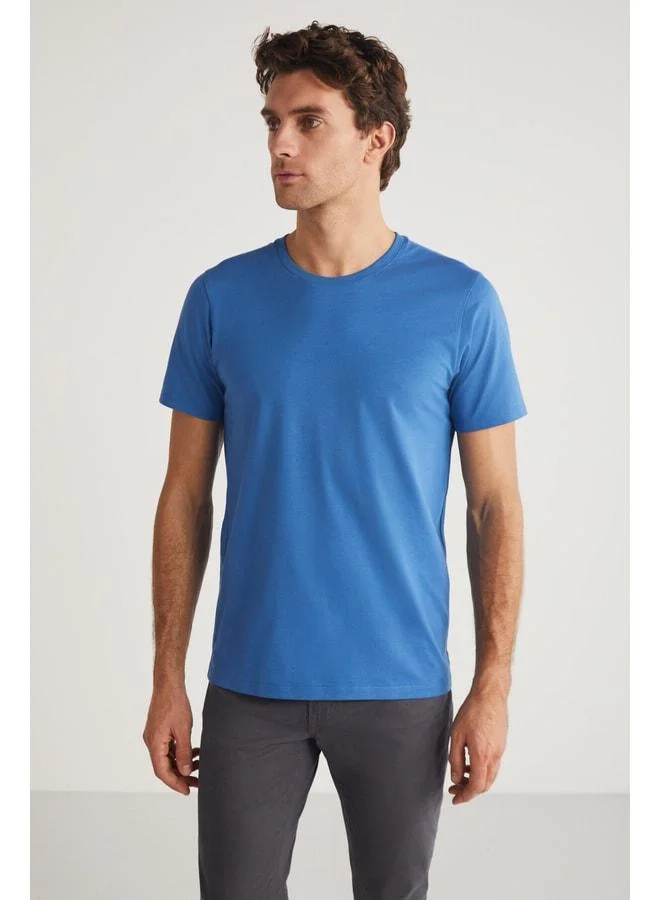 Grimelange Mıchel Men's Slim Fit Narrow Cut 100% Organic Cotton Side-stitched Basic Knit Blue T‑shirt.