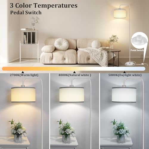PARTPHONER [Upgraded] LED Floor Lamp for Living Room, 3 Color Temperature Floor Lamp with Foot Switch Modern Standing Lamp Tall Pole Floor Reading Lamp for Bedroom Study Room, Bulb Included Silver (One Shade) - Image 2