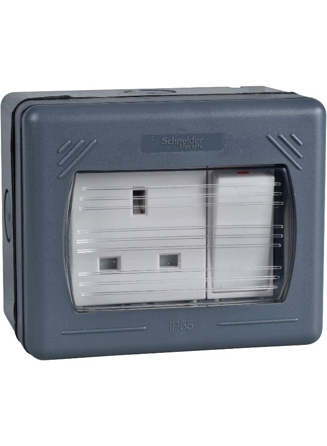 Schneider Gwp3010 Exclusive Weatherproof Double Pole Switched Socket (13 A, 230Vac, 1 Gang, Grey) - Image 1
