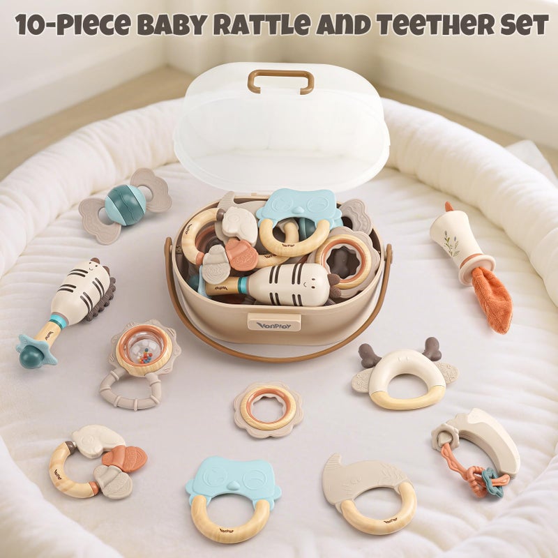 Vanplay Baby Rattles & Teethers Set â€“ Baby Toys 0-6 Months, Teething Toys 3-6 Months, Sensory Toys with Soft Textures, Gentle Sounds & Easy-Grip Shape, Neutral Newborn Giftï¼ˆ10-Packï¼‰ - Image 4