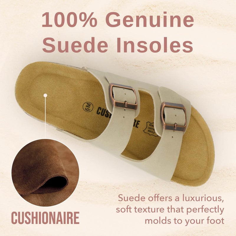 CUSHIONAIRE CUSHIONAIRE Lane Cork Footbed Sandals for Women – Comfortable Double Buckle Slip-On with Genuine Suede Footbed & Arch Support Slides for Women Footwear, STONE 7.5 - Image 3