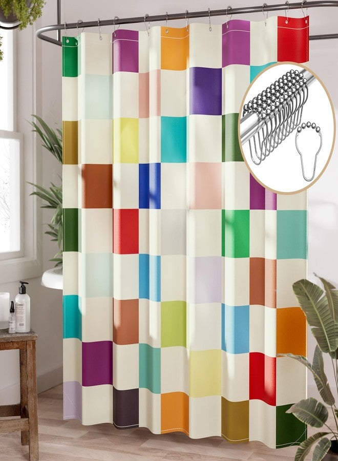 AmazerBath Colorful Checkered Shower Curtain, 72x72 Washable Cloth Modern Geometric Shower Curtains for Bathroom, Fabric Cute Kids Shower Curtain Set & 12 Hooks, Rustic RV Camper Dorm Shower Curtain - Image 1