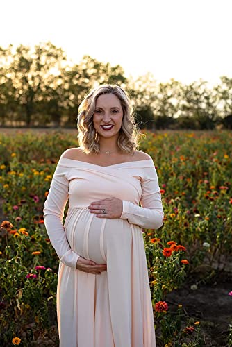Saslax Maternity Off Shoulders Long Sleeve Half Circle Gown for Baby Shower Photo Props Dress Champagne M - Image 4