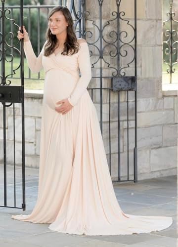 Saslax Maternity Off Shoulders Long Sleeve Half Circle Gown for Baby Shower Photo Props Dress Champagne M - Image 5