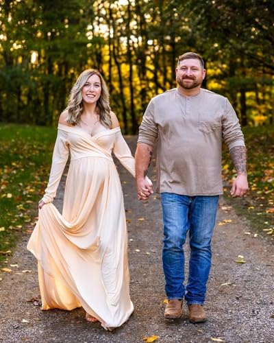 Saslax Maternity Off Shoulders Long Sleeve Half Circle Gown for Baby Shower Photo Props Dress Champagne M - Image 3