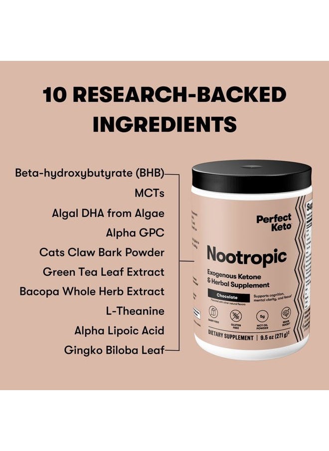 Perfect Keto Nootropic Brain Support, Caffeine Free Focus and Energy Supplement with Alpha Lipoic Acid, L Theanine, Ginkgo Biloba, Alpha GPC, MCT's, Collagen, Ketones, Chocolate Drink Mix, 15 Servings  - Image 5