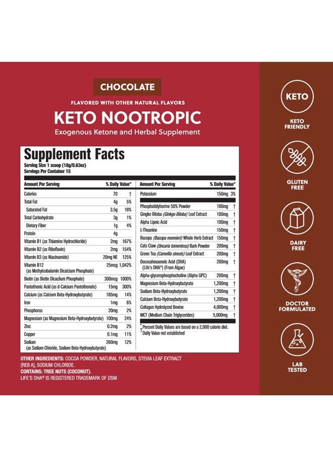 Perfect Keto Nootropic Brain Support, Caffeine Free Focus and Energy Supplement with Alpha Lipoic Acid, L Theanine, Ginkgo Biloba, Alpha GPC, MCT's, Collagen, Ketones, Chocolate Drink Mix, 15 Servings  - Image 2