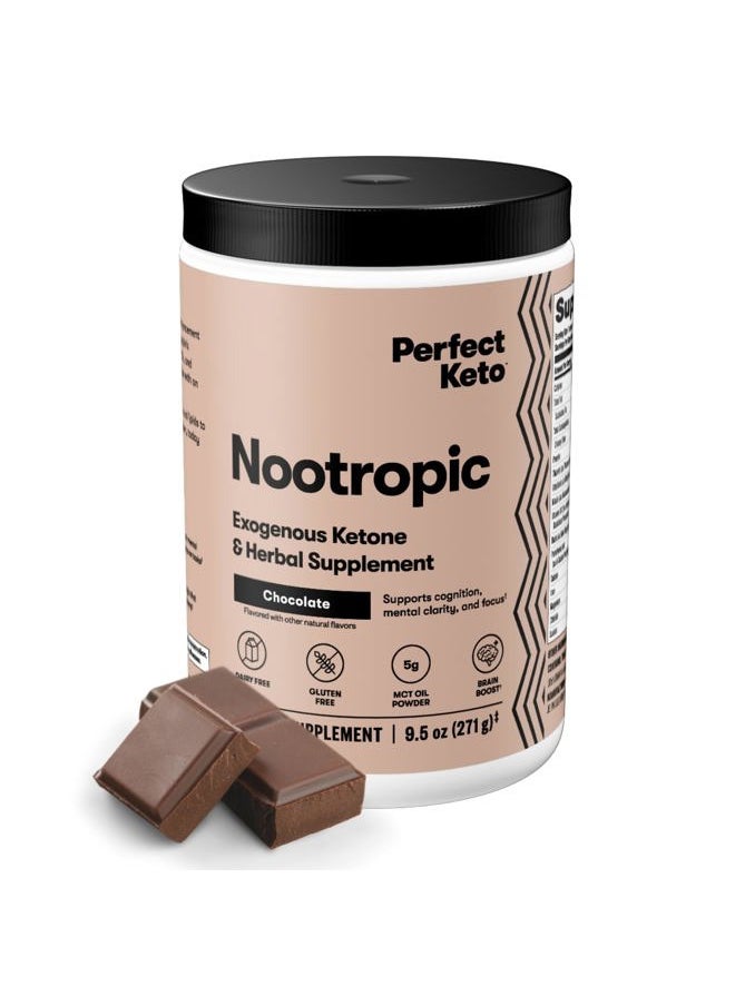 Perfect Keto Nootropic Brain Support, Caffeine Free Focus and Energy Supplement with Alpha Lipoic Acid, L Theanine, Ginkgo Biloba, Alpha GPC, MCT's, Collagen, Ketones, Chocolate Drink Mix, 15 Servings  - Image 1