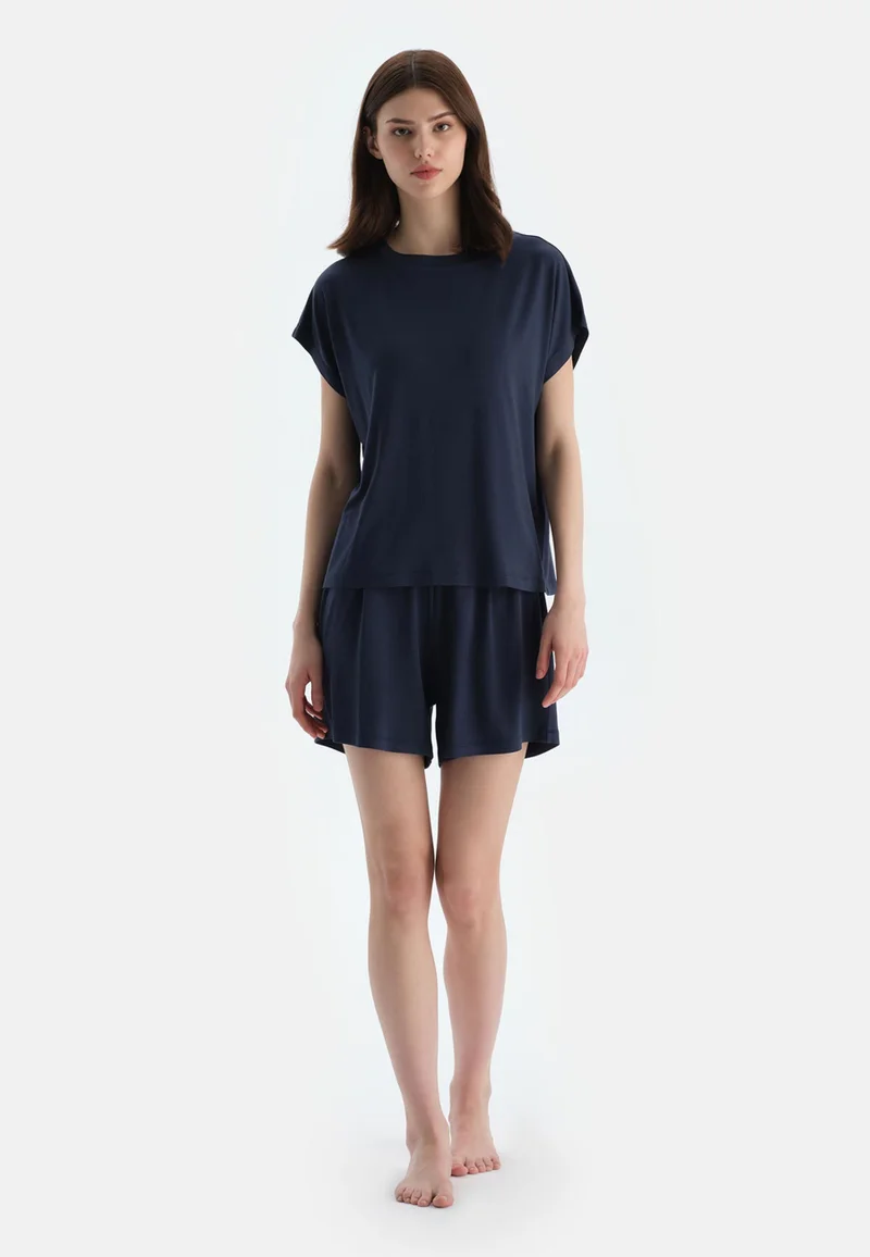dagi Mid Rise Blue Square Neck Viscose Blend T-shirt & Shorts Nightwear Set