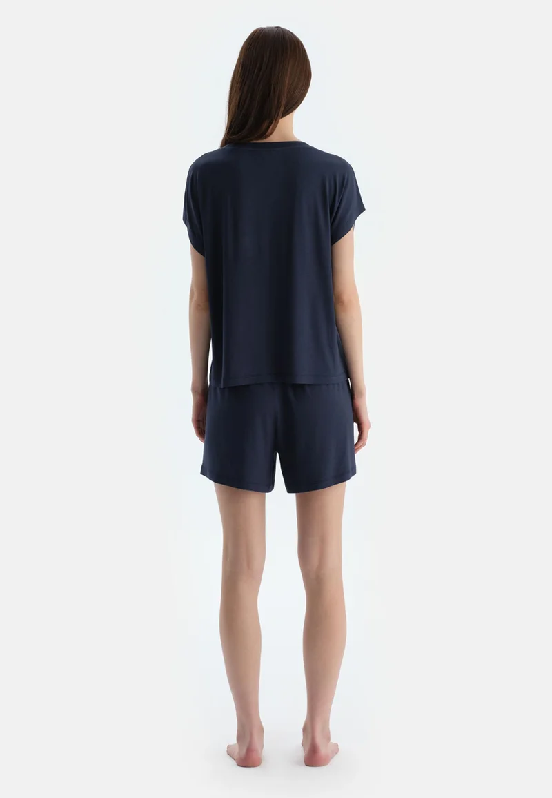dagi Mid Rise Blue Square Neck Viscose Blend T-shirt & Shorts Nightwear Set