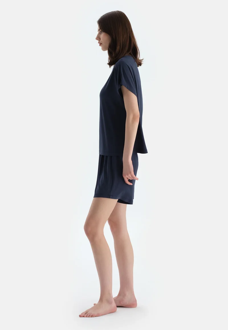 dagi Mid Rise Blue Square Neck Viscose Blend T-shirt & Shorts Nightwear Set