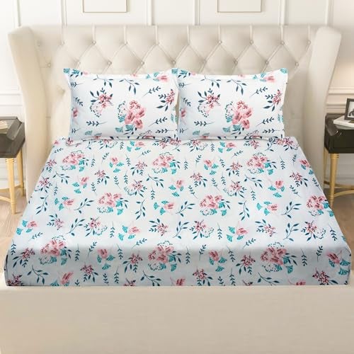 Wings Star Elastic Fitted Bedsheet | Cotton Bedsheet King Size Bed with 2 Pillow Covers 78X72- Fitted Sheet | Cotton Mattress Protector Bedsheet | Bedsheet for Double Bed - White Cheery Blossom - Image 1