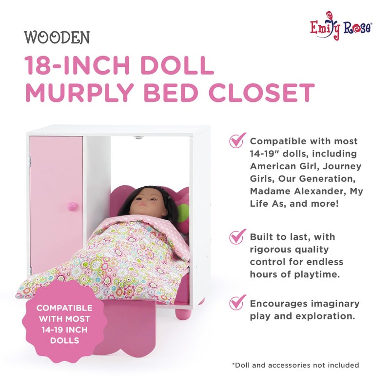 Emily Rose 18" Doll Murphy Bed & Closet Set - Space-Saving Wooden Furniture with Clothes Storage Bin, 5 Hangers & 4-Piece Bedding - Momâ€™s Choice Award Winner â€“ Compatible with American Girl Dolls - Image 5