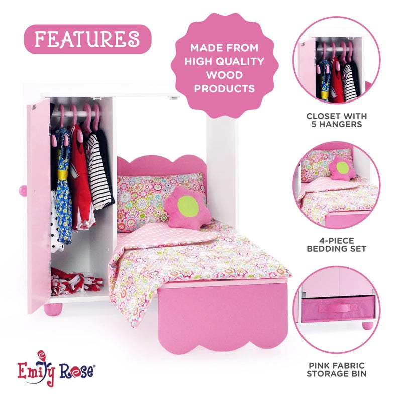 Emily Rose 18" Doll Murphy Bed & Closet Set - Space-Saving Wooden Furniture with Clothes Storage Bin, 5 Hangers & 4-Piece Bedding - Momâ€™s Choice Award Winner â€“ Compatible with American Girl Dolls - Image 2