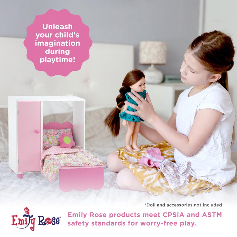 Emily Rose 18" Doll Murphy Bed & Closet Set - Space-Saving Wooden Furniture with Clothes Storage Bin, 5 Hangers & 4-Piece Bedding - Momâ€™s Choice Award Winner â€“ Compatible with American Girl Dolls - Image 4